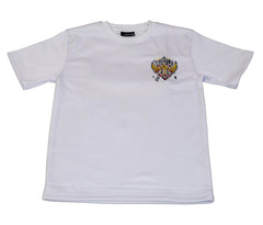 White t-shirt with a graphic design on a light gray background