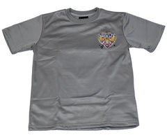 Gray t-shirt with a colorful logo on a white background