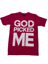Maroon t-shirt with 'GOD PICKED ME' text on a white background