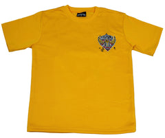 Yellow t-shirt with a logo on a gray background