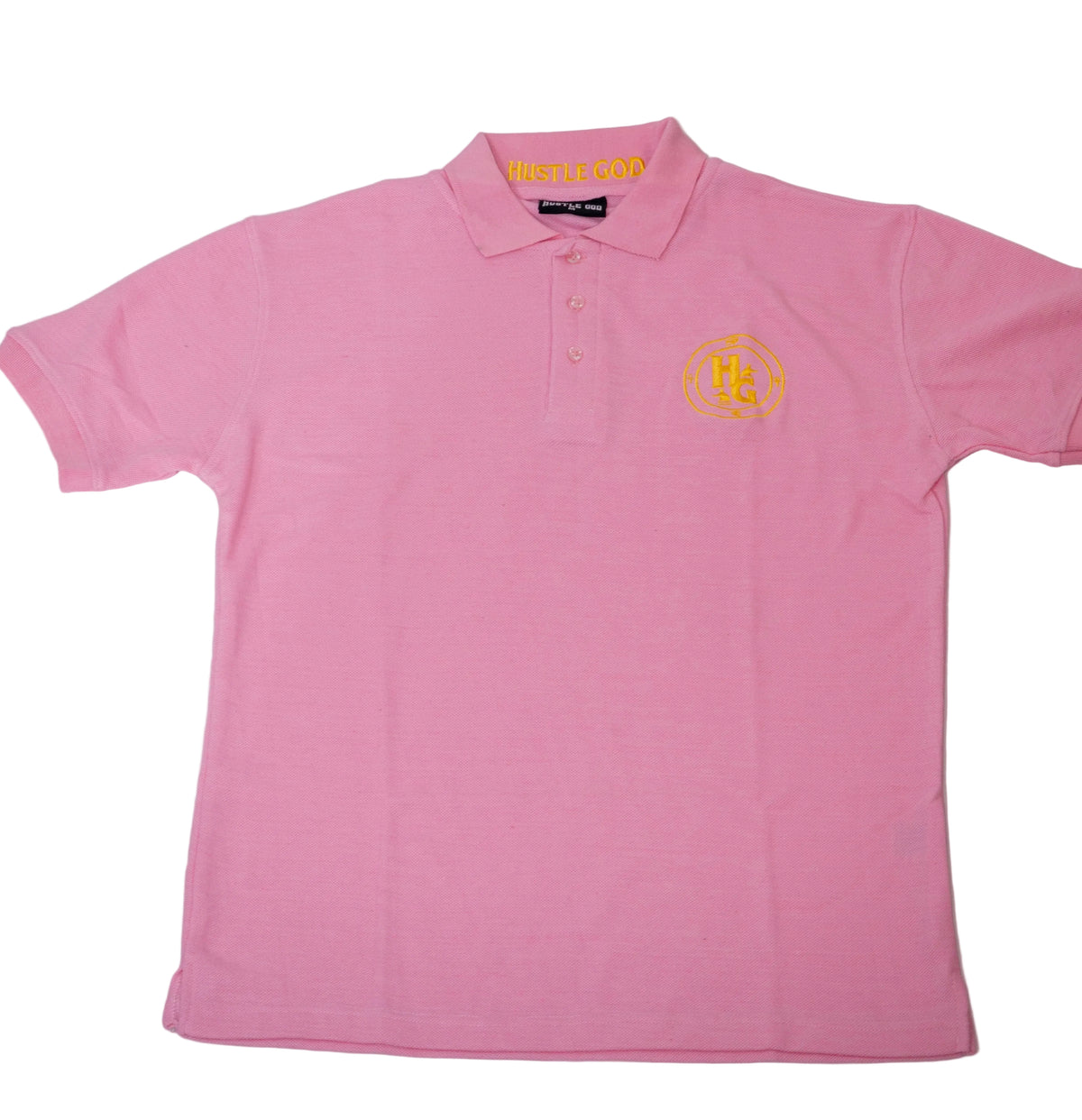 A pink polo shirt with a collar, short sleeves, and a logo on the chest area.