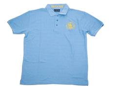 A sky blue colored polo shirt with a collar, buttons, and a logo on the chest.