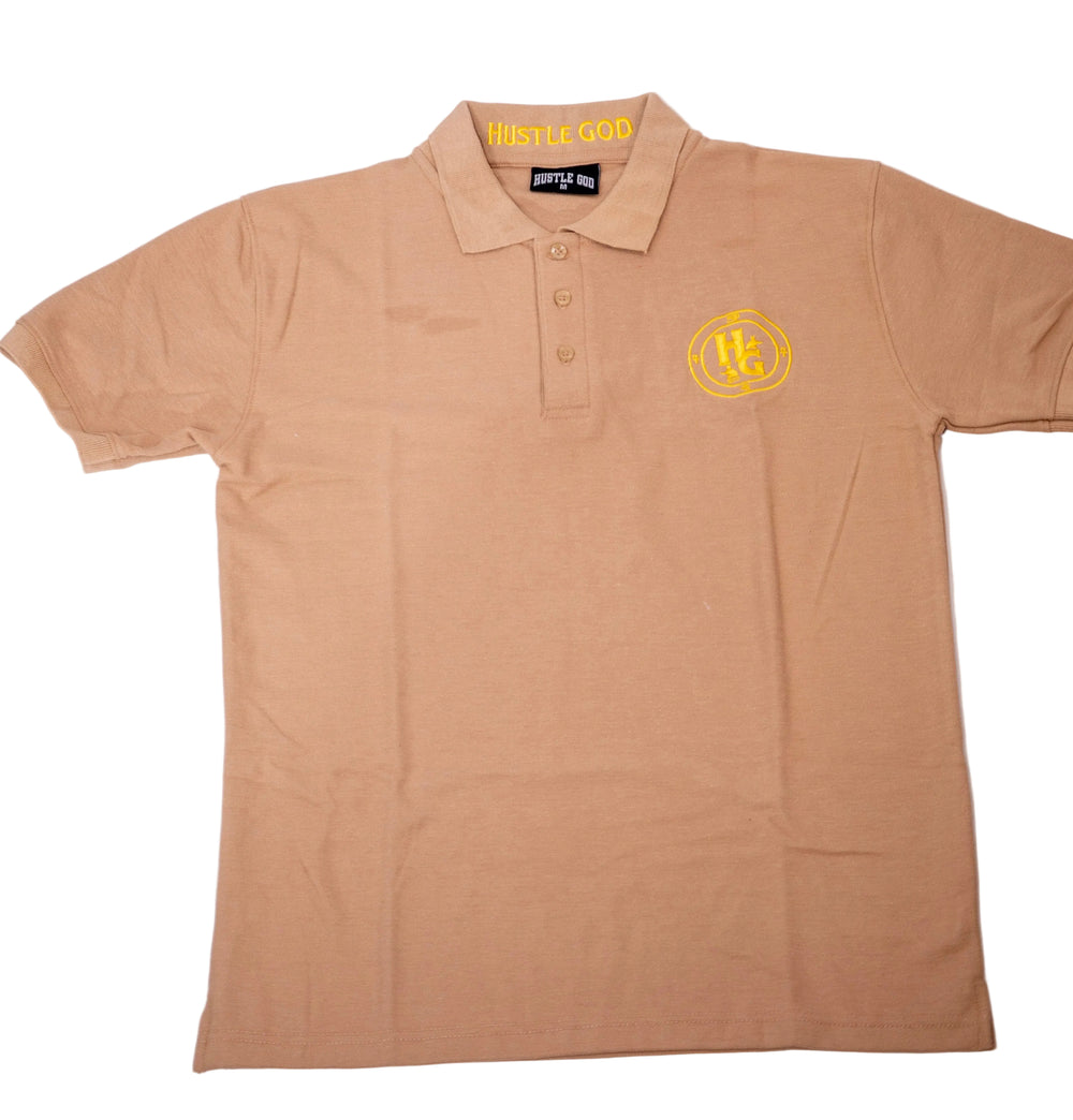 A beige colored polo t-shirt with a logo on the chest and a button-up collar.