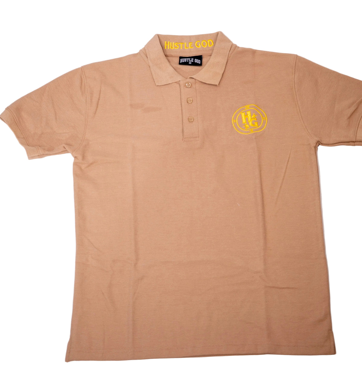 A beige colored polo t-shirt with a logo on the chest and a button-up collar.
