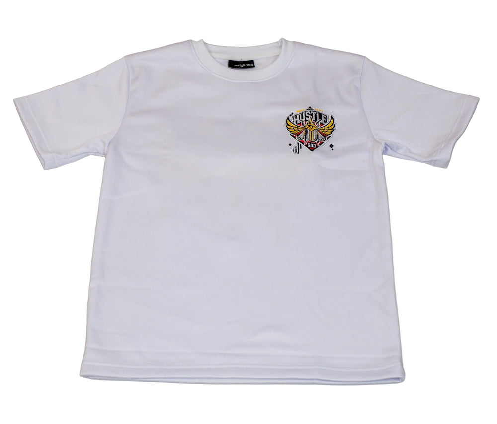 White t-shirt with a graphic design on a light gray background