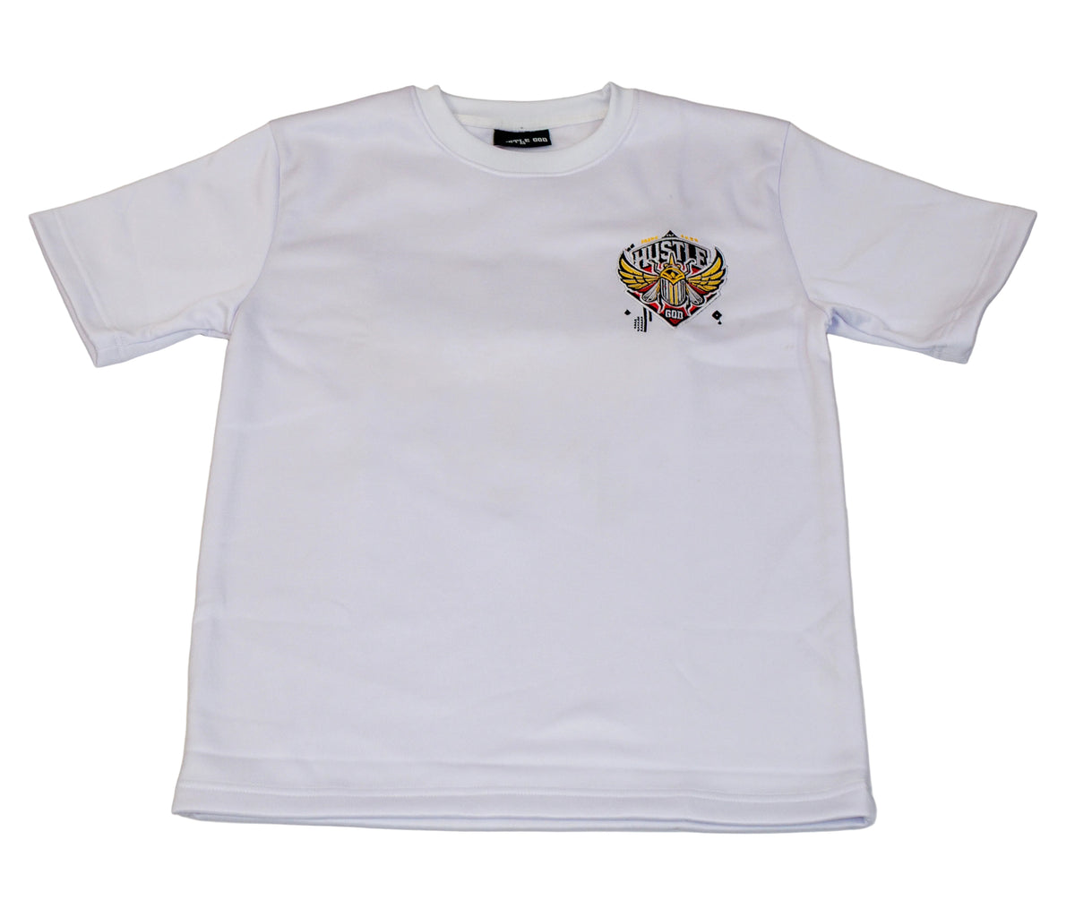 White t-shirt with a graphic design on a light gray background