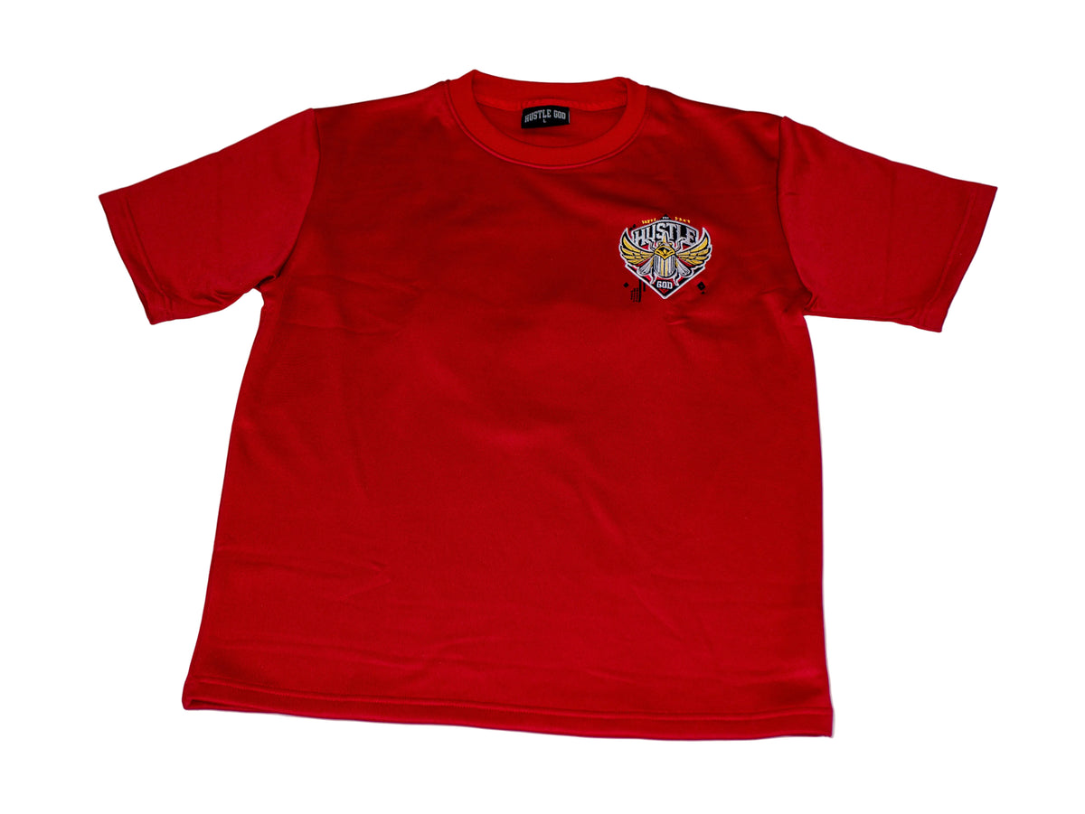 Red t-shirt with a colorful logo on a white background