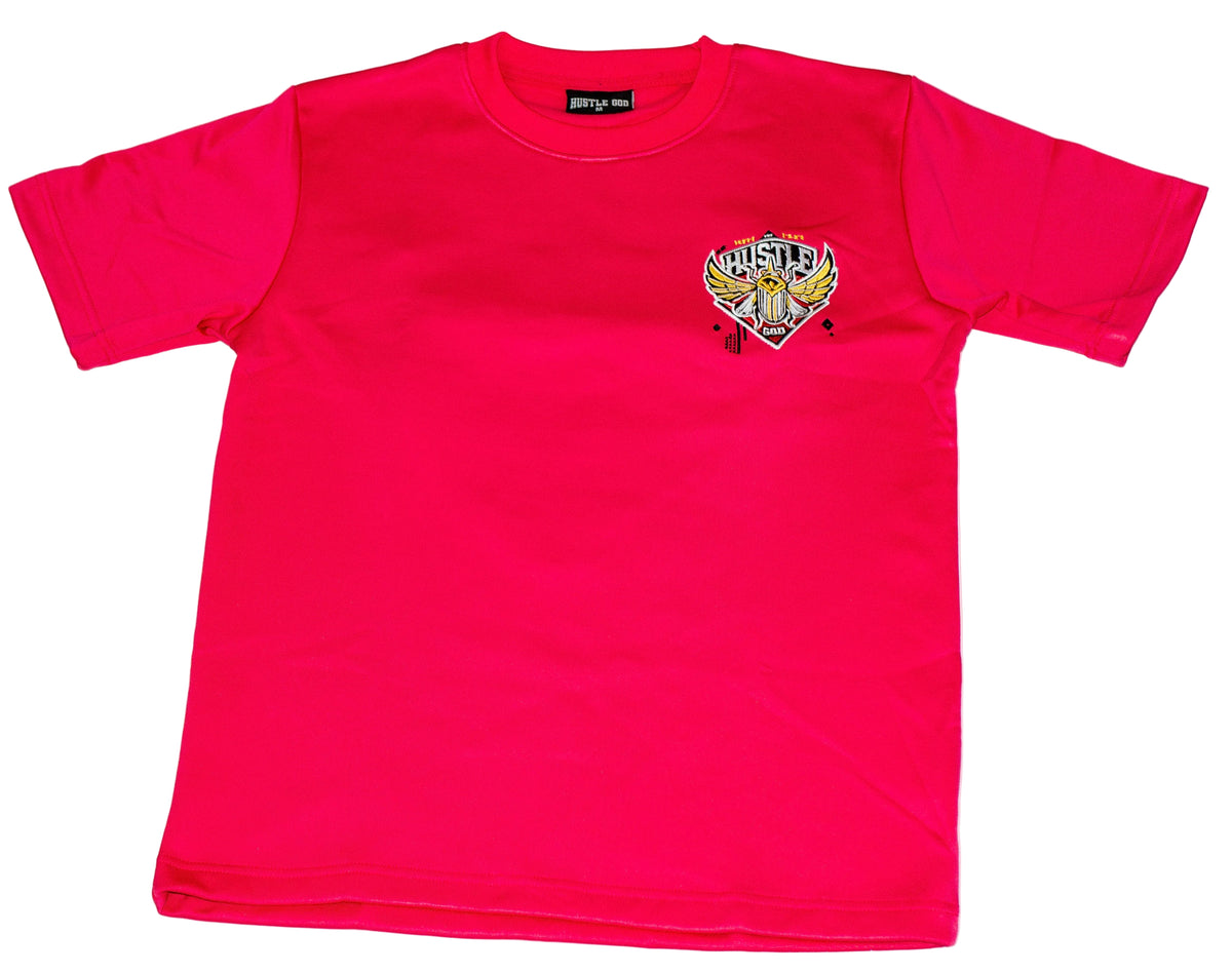 Red t-shirt with a logo on a white background