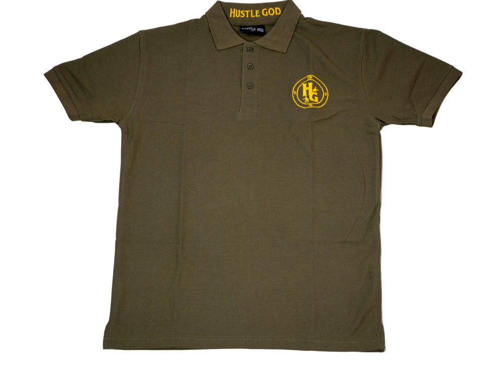 An olive green polo shirt with a logo on the chest and a button-up collar.