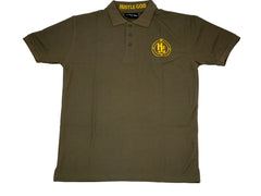 An olive green polo shirt with a logo on the chest and a button-up collar.