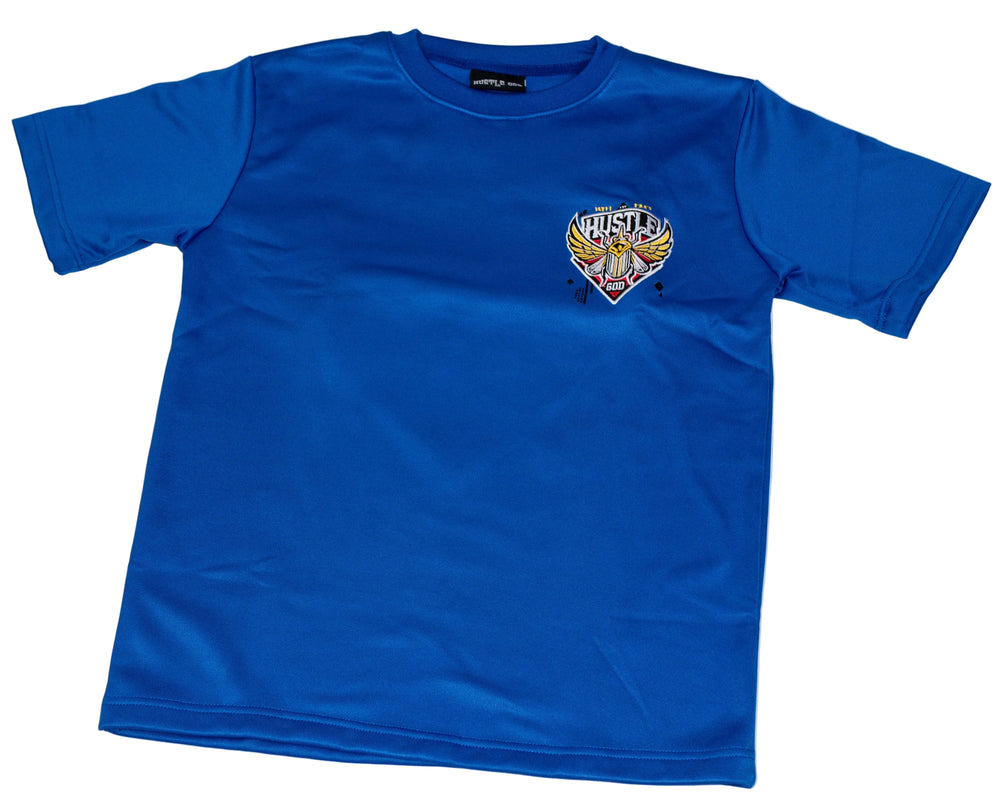 Blue t-shirt with a logo on a gray background