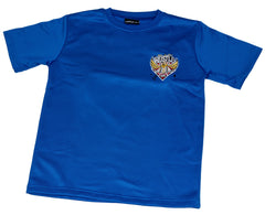Blue t-shirt with a logo on a gray background