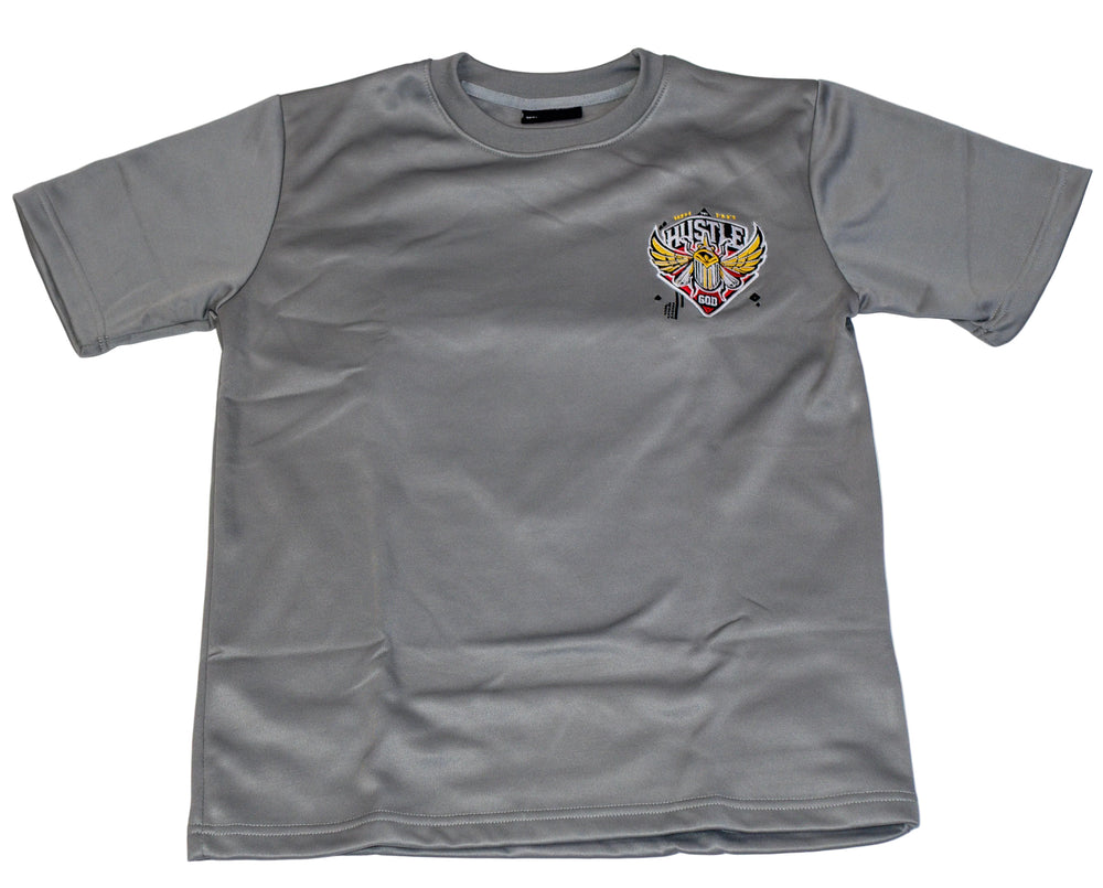 Gray t-shirt with a colorful logo on a white background