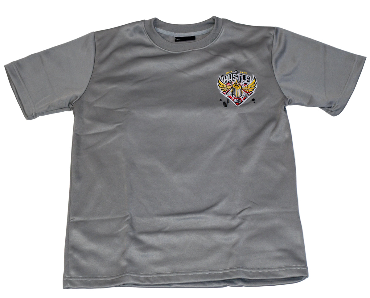 Gray t-shirt with a colorful logo on a white background