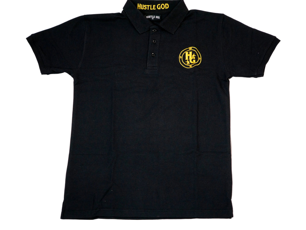 A black polo shirt with a gold logo on the chest, branded with 'HUSTLE GOD'.