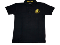 A black polo shirt with a gold logo on the chest, branded with 'HUSTLE GOD'.