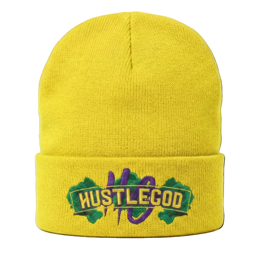 Yellow beanie with 'Hustle God' embroidery on a white background